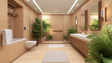 Fototapeta premium Luxury Spa-Inspired Bathroom with Mocha Mousse Walls and Rain Shower