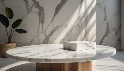 Elegant Luxury White Marble Table Showcasing Natural Light Shadows on a White Wall Perfect for HighEnd Product Placement and Sophisticated Interior Design Inspiration