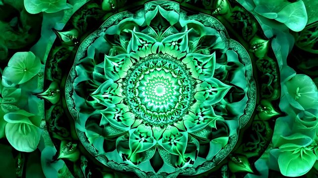Intricate mandala patterns evolving over vibrant green leafy background