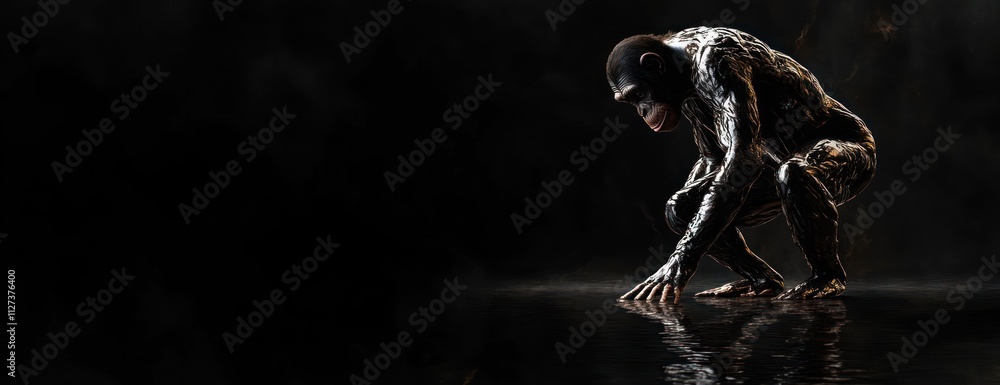 Poster a realistic depiction of a crouching ape reflecting in water against a dark background.
