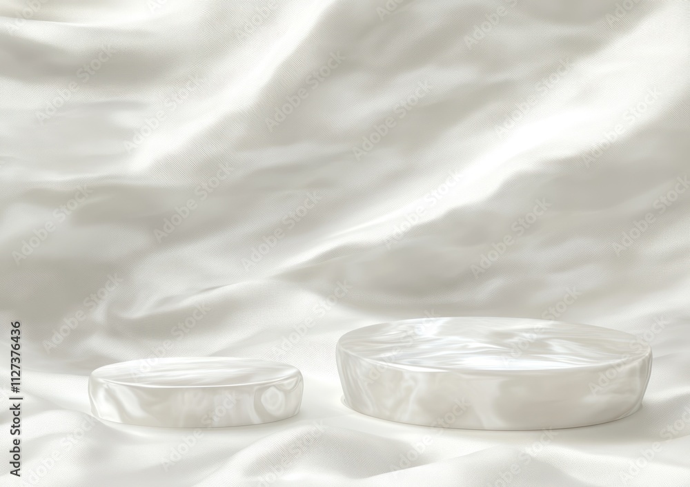 Poster Two smooth, round white objects resting on a softly draped white fabric.