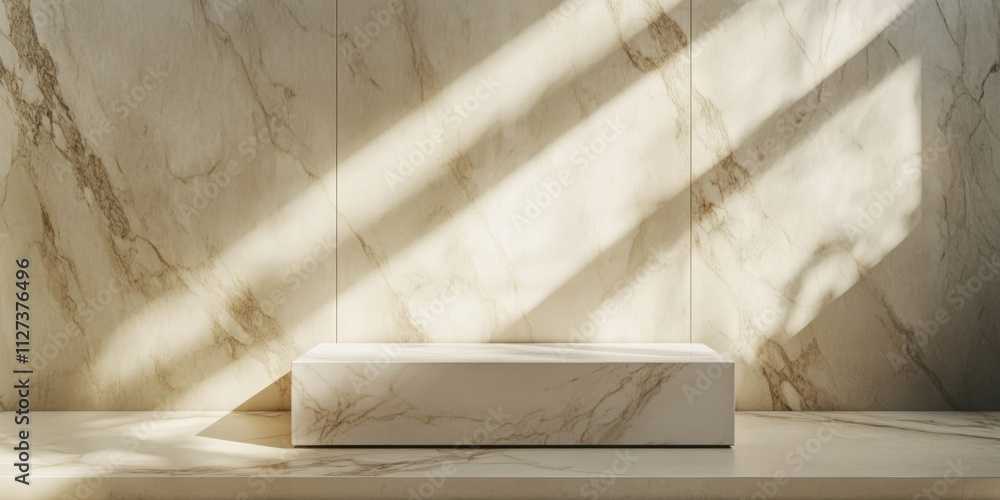Poster A minimalist display platform with soft lighting and marble textures.
