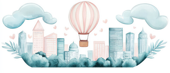Fototapeta premium whimsical watercolor featuring hot air balloon floating above city skyline, surrounded by soft clouds and hearts, evoking sense of adventure and romance