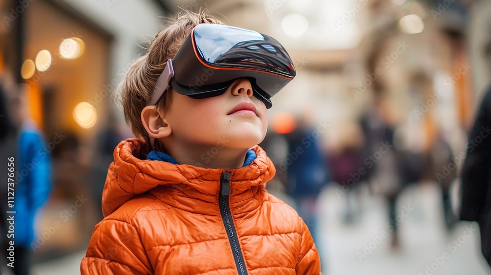 Poster a generation alpha child engaged in technology-driven virtual reality experience in a bustling urban