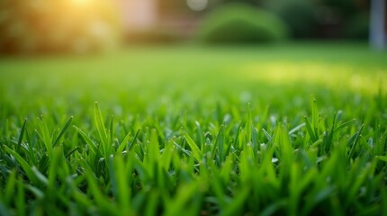 Naklejka premium A close-up view of freshly mowed grass, highlighting the clean cut edges and rich green color, evoking a sense of freshness and care in lawn maintenance