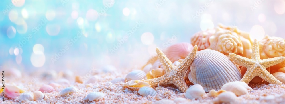 Poster a serene beach scene with seashells and starfish on soft sand, evoking a tranquil atmosphere.