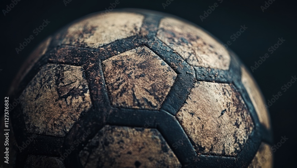 Poster A close-up of a worn soccer ball, showcasing its textured surface and hexagonal pattern.