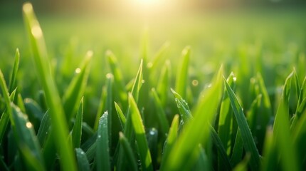Fototapeta premium A close-up view of rich green grass blades, dew-kissed and glistening in the morning light