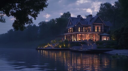 Fototapeta premium Luxurious waterfront house illuminated at twilight, reflecting in calm lake water.
