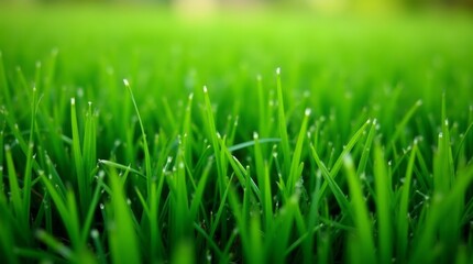 Fototapeta premium A close-up view of thick grass blades, showcasing their rich color and density, emphasizing the health and vitality of a well-maintained lawn