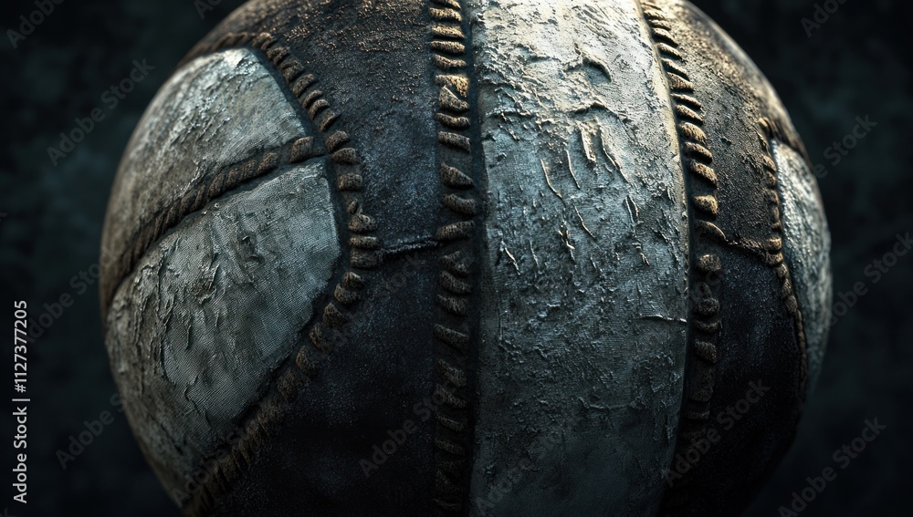 Poster a close-up view of a textured, worn sports ball with distinct stitching and surface details.