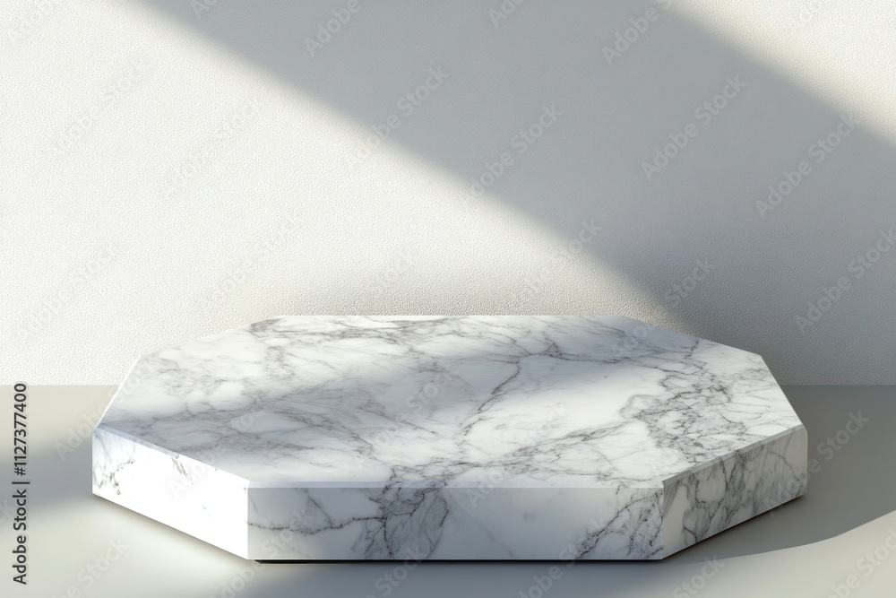 Poster A marble octagonal display stand casting shadows in a minimalist setting.