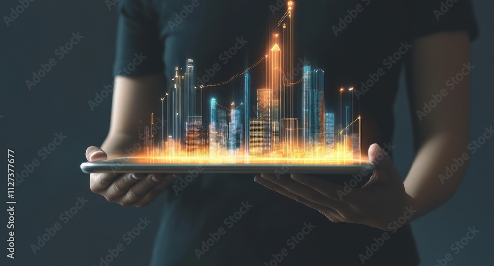 Poster A person holding a tablet displaying a vibrant digital city skyline with data visualizations.