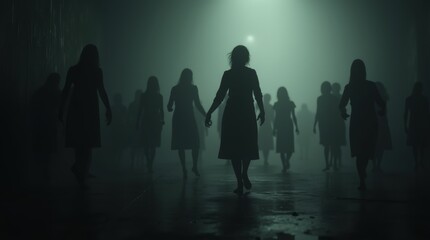 Fototapeta premium A stark visual representation of exploitation, featuring a shadowy figure symbolizing victims in a vulnerable position, set against a dark and oppressive background to evoke awareness