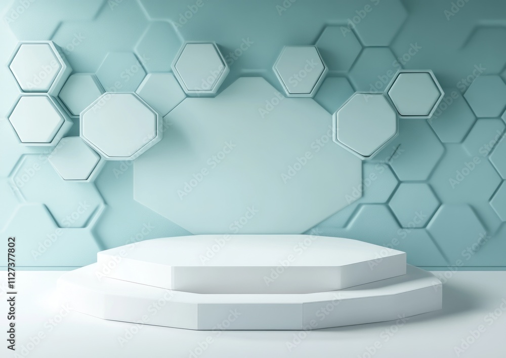 Poster Modern hexagonal backdrop with a raised platform, ideal for presentations or displays.