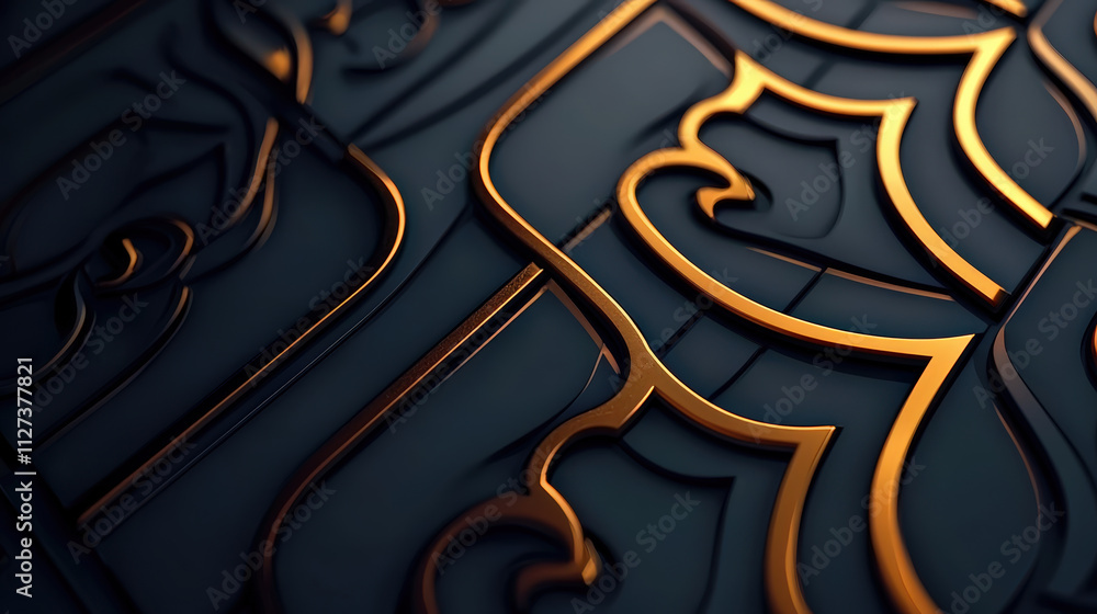 Poster smooth metallic surface with etched patterns in gold and dark tones creates striking visual effect. 