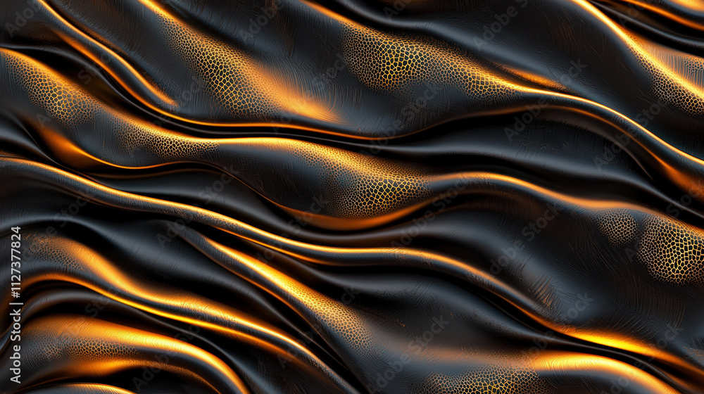Poster smooth metallic surface with etched patterns, showcasing flowing waves and striking interplay of lig