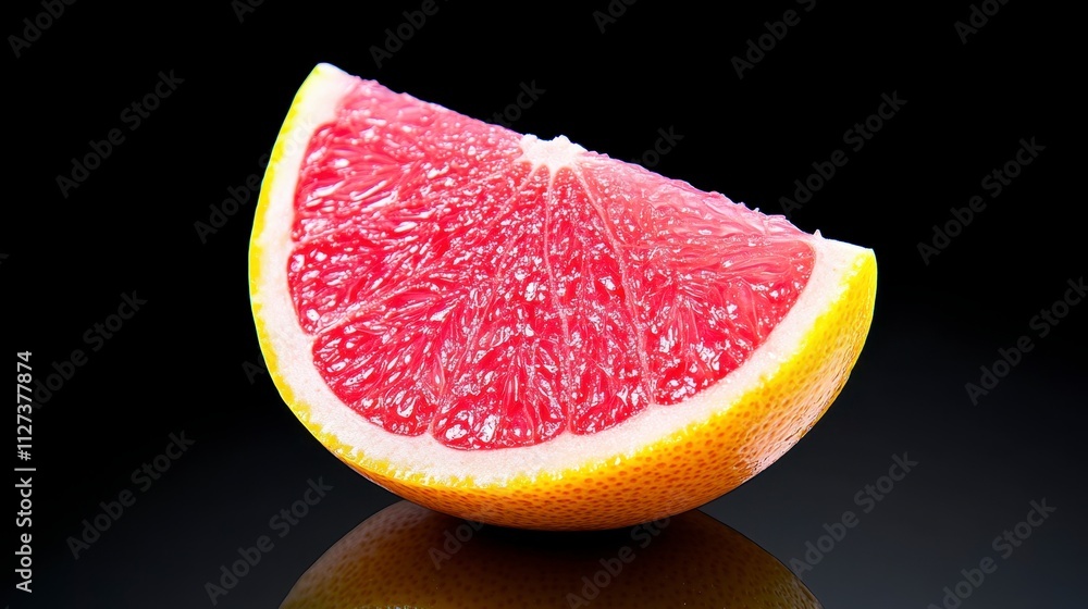 Poster vibrant grapefruit slice glistening under soft light with artistic reflection on a dark surface