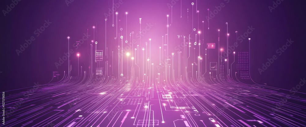 Poster abstract digital landscape with glowing lines and nodes in purple hues.