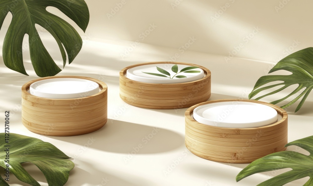 Poster three bamboo containers with white lids and leaf designs, set against a soft background.