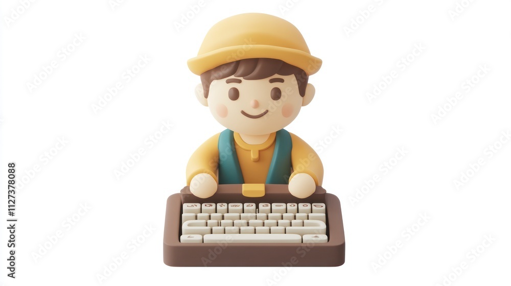 Fototapete a cartoon character with a hat typing on a keyboard, representing a playful tech theme.