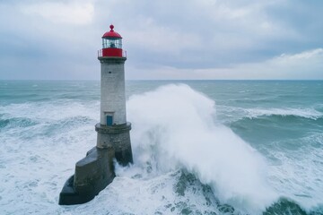 Obraz premium A lighthouse is in the ocean with a wave crashing against it