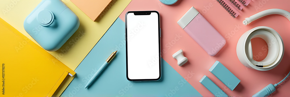 Aufkleber Flat lay design featuring a mockup smartphone with various modern accessories and supplies arranged artfully on a colorful background._00002_