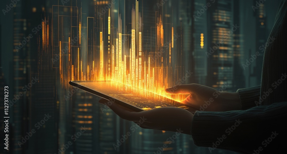 Fototapete a person holding a tablet displaying glowing data visualizations against a city backdrop.