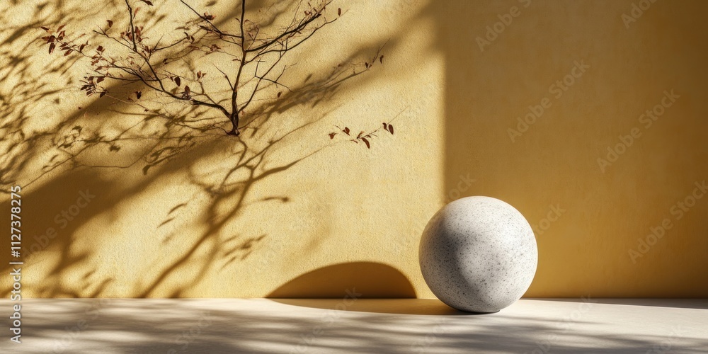 Aufkleber a minimalist scene featuring a stone sphere and a branch casting shadows on a yellow wall.