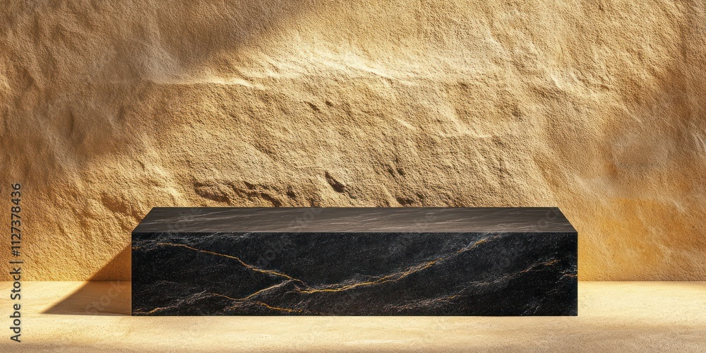 Poster a sleek black marble display block against a textured beige background, ideal for showcasing product