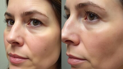 Close-up comparison of a woman's facial skin, showcasing drastic improvement, from dry, uneven tone with prominent stretch marks to smooth, hydrated, and radiant complexion.