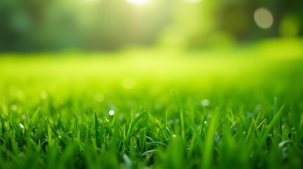 Fototapeta premium Lush green lawn grass, vibrant and healthy, with dew drops glistening in the morning sunlight, creating a serene outdoor atmosphere