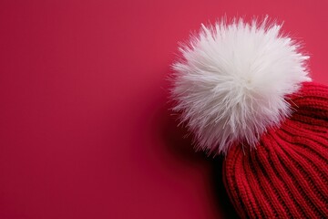 A red hat with a white pom pom on top of a red background