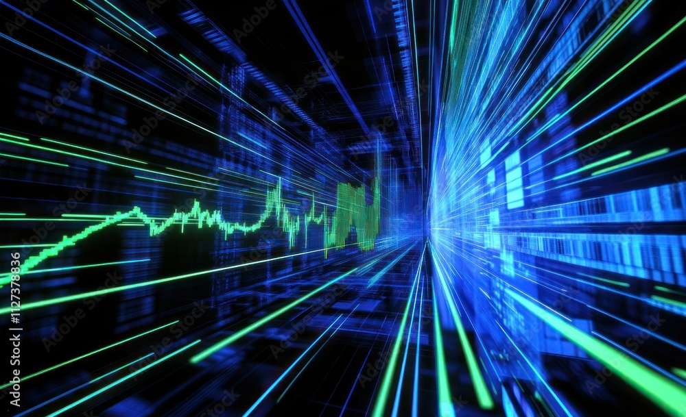 Fototapete Abstract representation of data flow and technology with vibrant lines and waveforms.