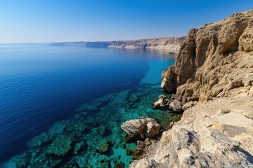 A beautiful blue ocean with a rocky shoreline