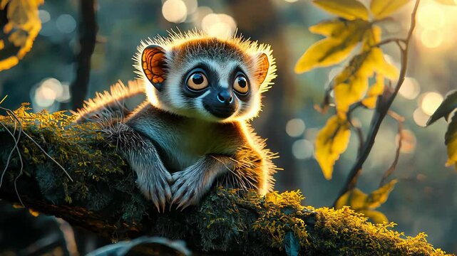 A Madagascar lemur with big eyes is lounging on a moss-covered branch in a vibrant tropical forest. Sunlight filters through the leaves, creating a serene atmosphere.