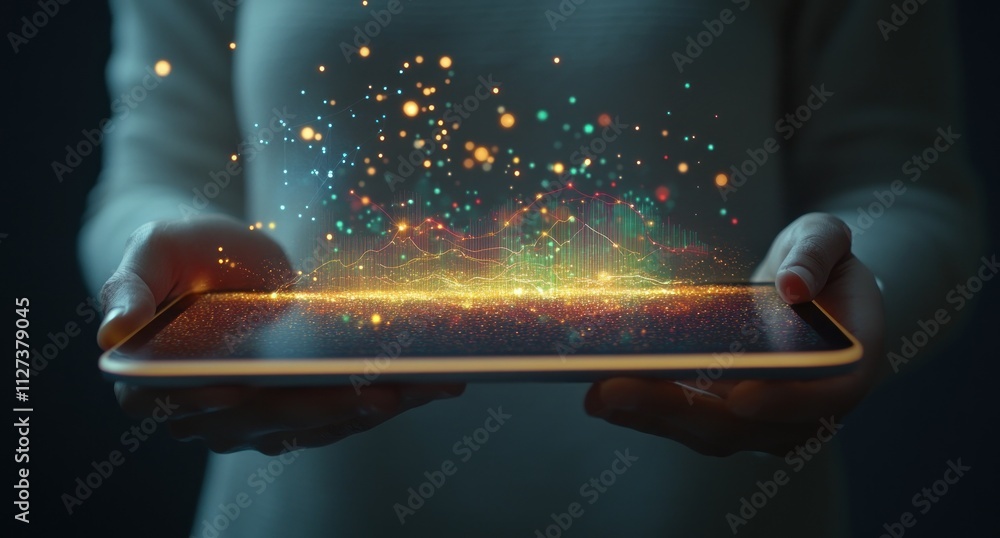Aufkleber A person holds a tablet displaying vibrant, glowing particles and abstract visuals.