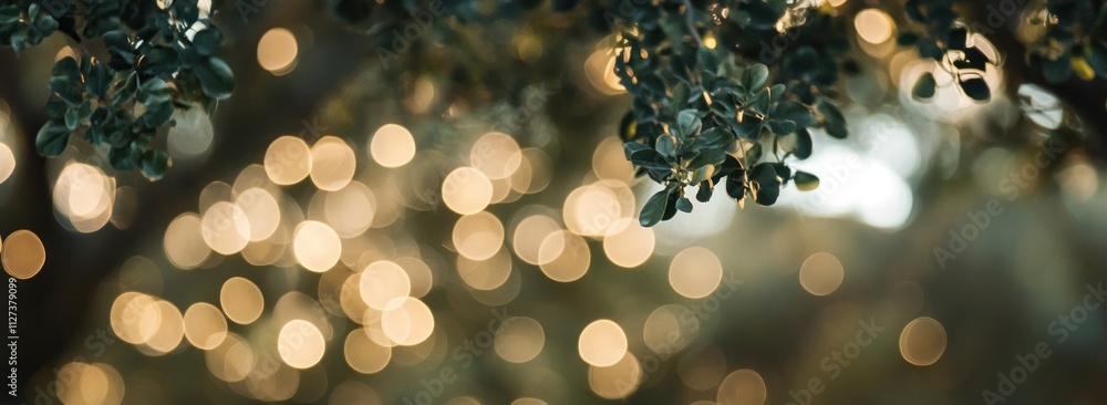 Poster a softly blurred image featuring leaves and warm bokeh lights in a natural setting.