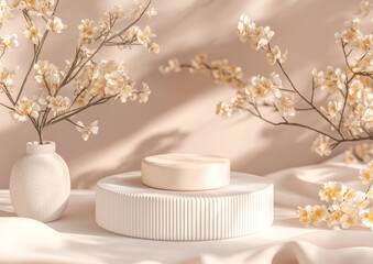 A serene display featuring a neutral-toned pedestal, a round object, and delicate floral branches.