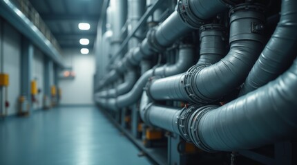HVAC system with exposed metal ducts and vents, close-up of machinery in an industrial setting, soft lighting highlighting the clean and modern design for heating and cooling