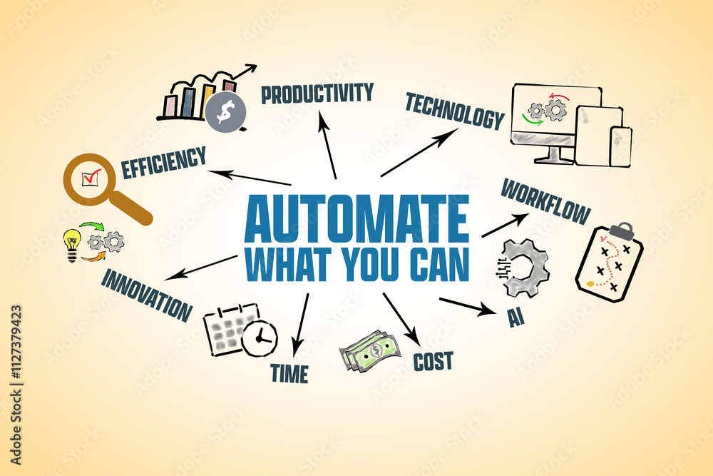 Wall mural automate what you can concept. illustration with icons, keywords and arrows on a yellow background