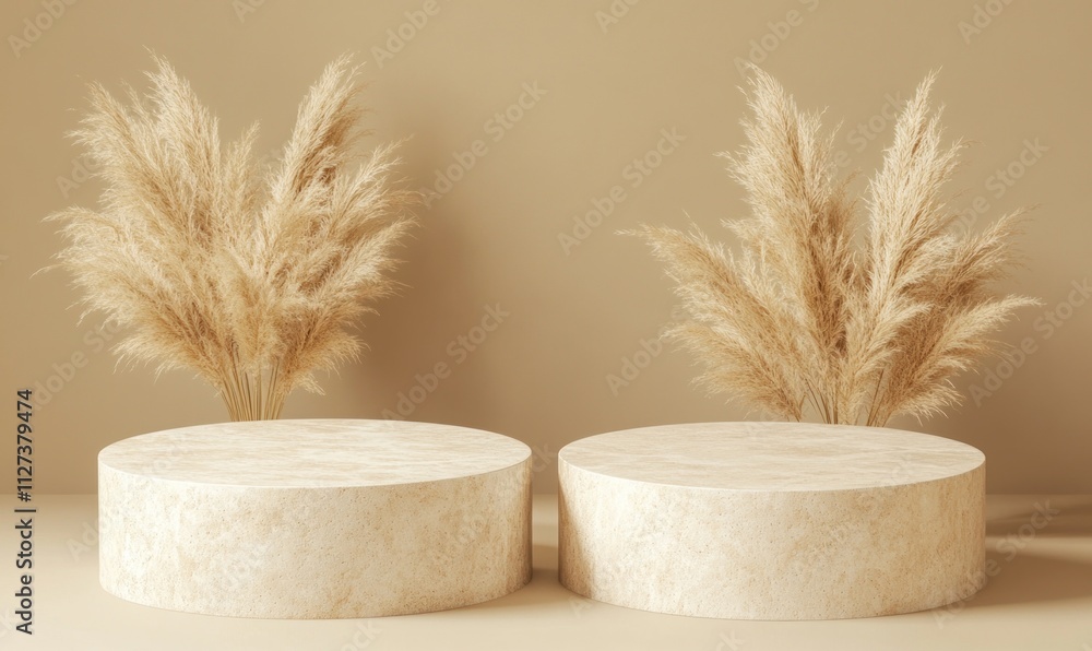 Poster two circular platforms with dried grass arrangements against a neutral background.