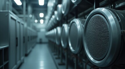 HVAC system with exposed metal ducts and vents, close-up of machinery in an industrial setting, soft lighting highlighting the clean and modern design for heating and cooling