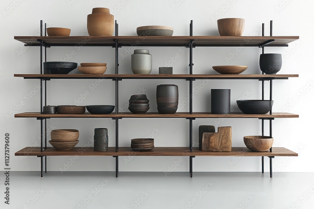 Poster sleek shelving units showcase an array of decorative pottery arranged thoughtfully for visual appeal