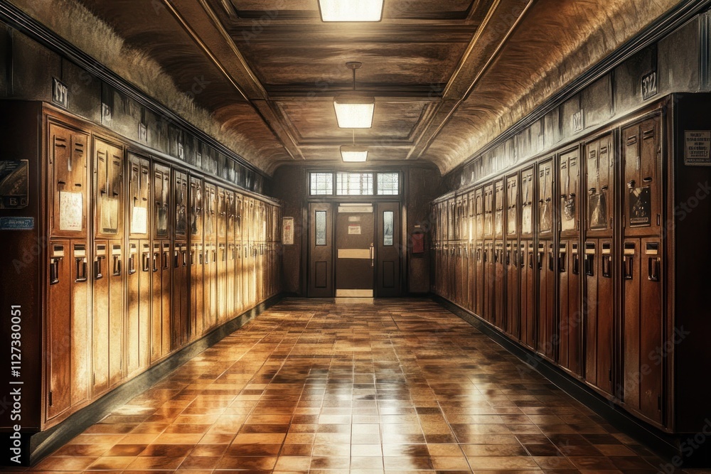 Aufkleber a hallway lined with wooden lockers, illuminated by warm light, creating a nostalgic atmosphere.