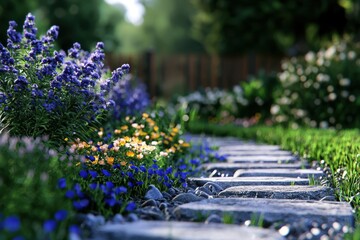Obraz premium A garden path with a stone walkway and flowers