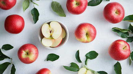 A bunch of Fresh Red Apples adorned with Leaves beautifully set against a Gray Background