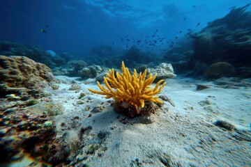A yellow flower is on the sand in the ocean