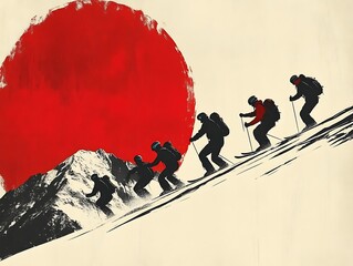 Skiers Ascending Mountain Underneath a Red Sun