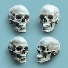 4 skulls in different angles, blue background